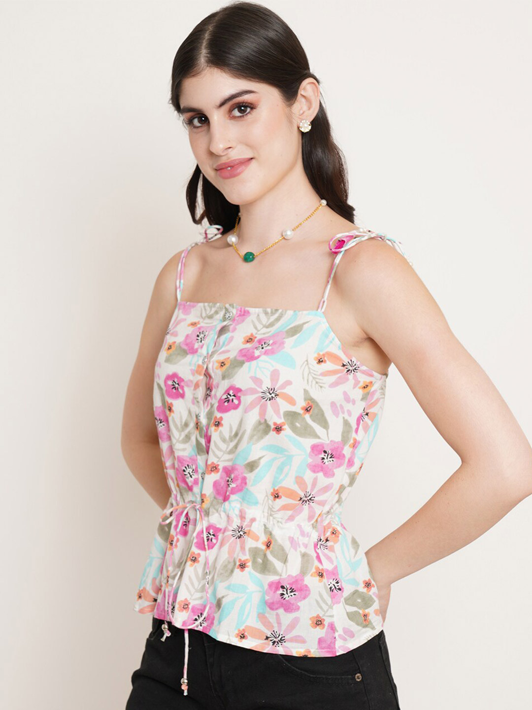 

FABRIC FITOOR Floral Printed Cotton Cinched Waist Top, White