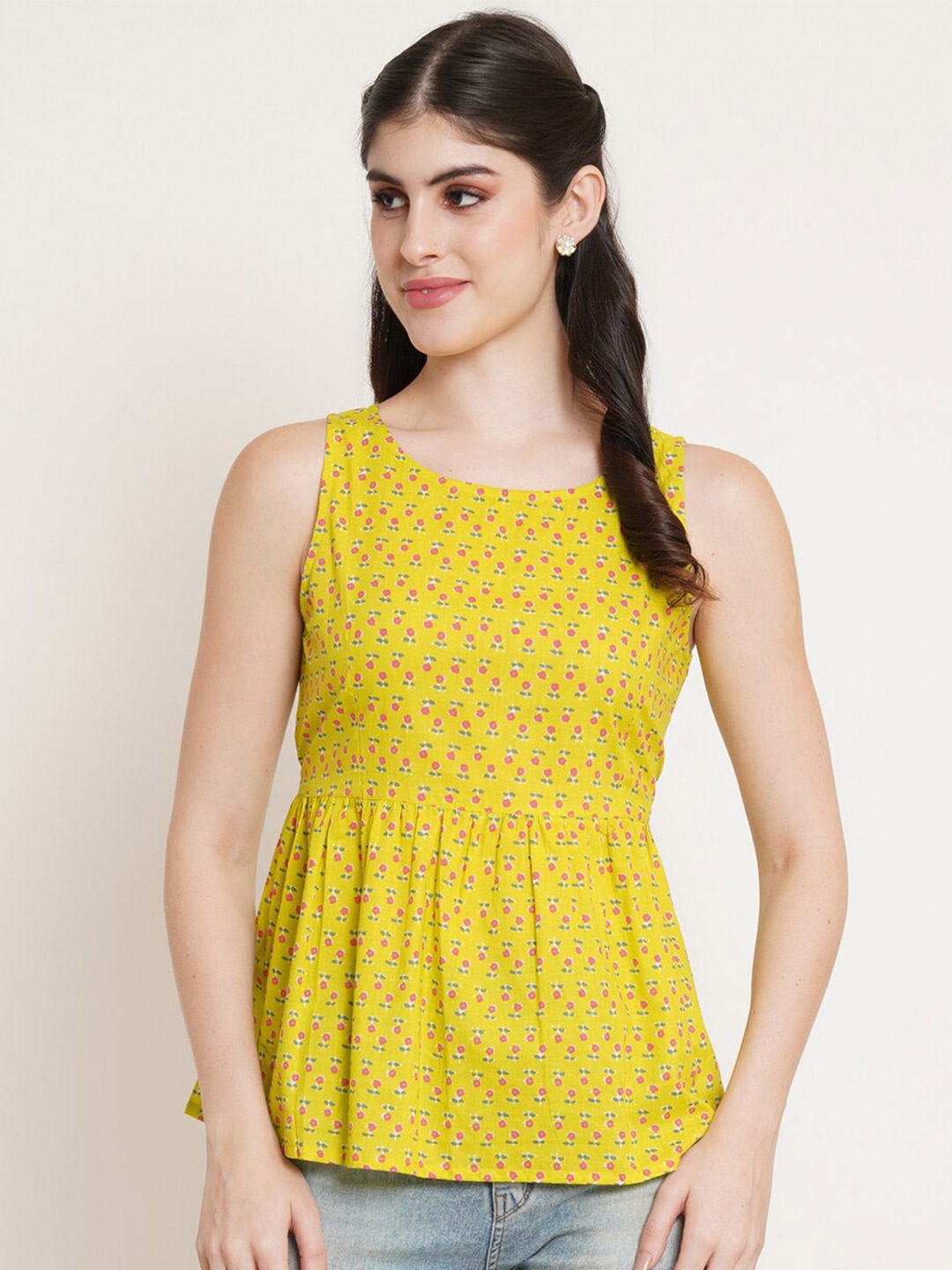 

FABRIC FITOOR Floral Printed Cotton A-line Top, Mustard