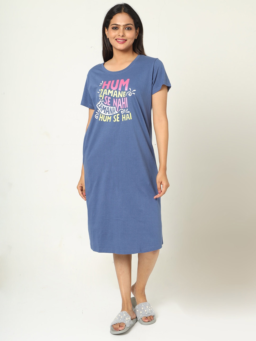 

9shines Label Women Hosiery Cotton Graphic Printed Short Nightdress, Blue