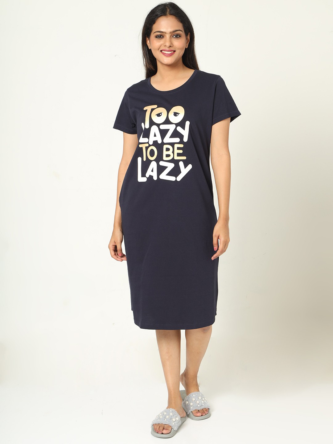 

9shines Label Women Hosiery Cotton Graphic Printed Short Nightdress, Navy blue