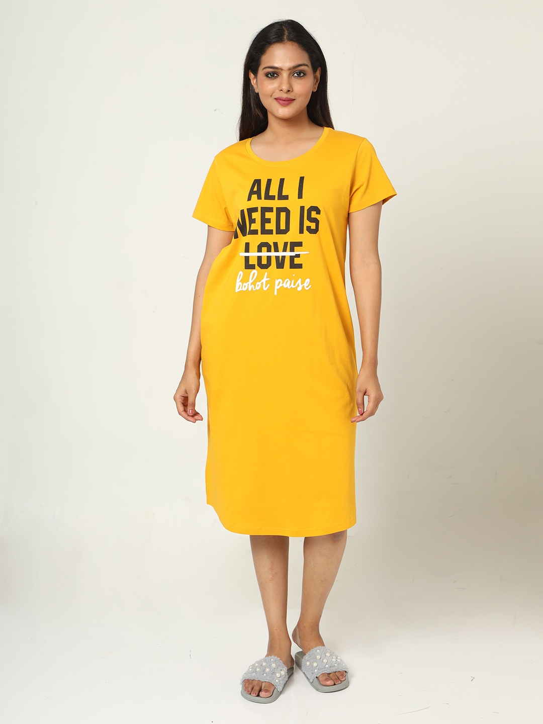 

9shines Label Typography Printed Pure Cotton Nightdress, Yellow