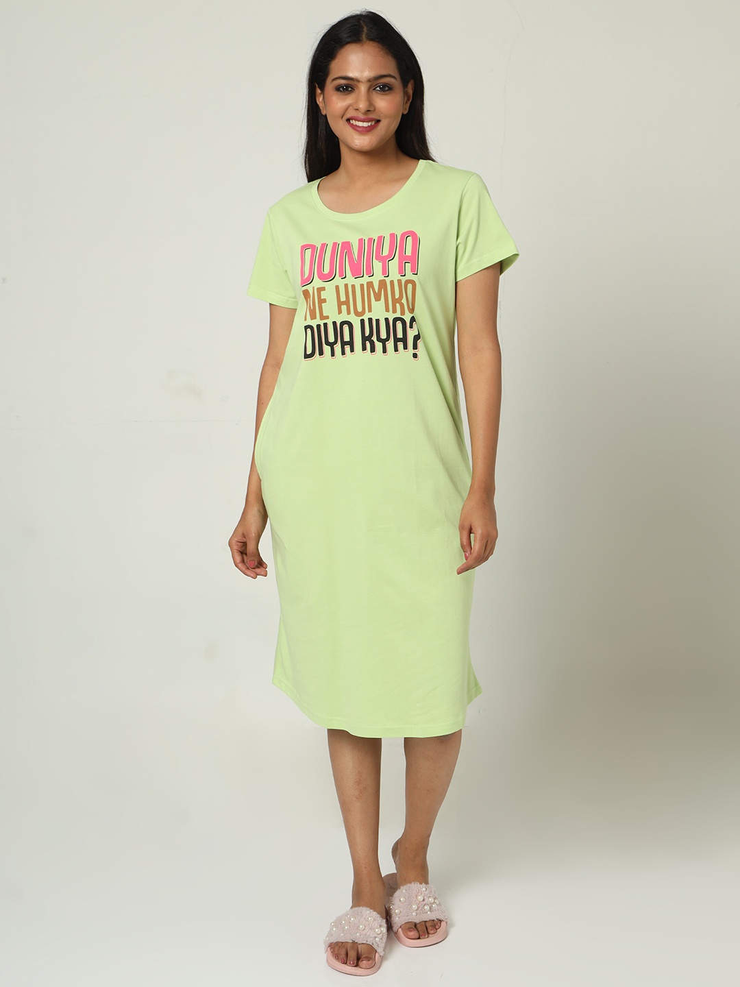 

9shines Label Women Hosiery Cotton Graphic Printed Short Nightdress, Green