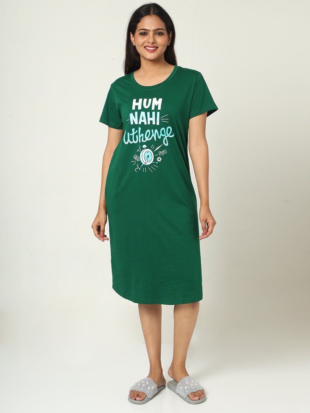 

9shines Label Typography Printed Pure Cotton Nightdress, Green