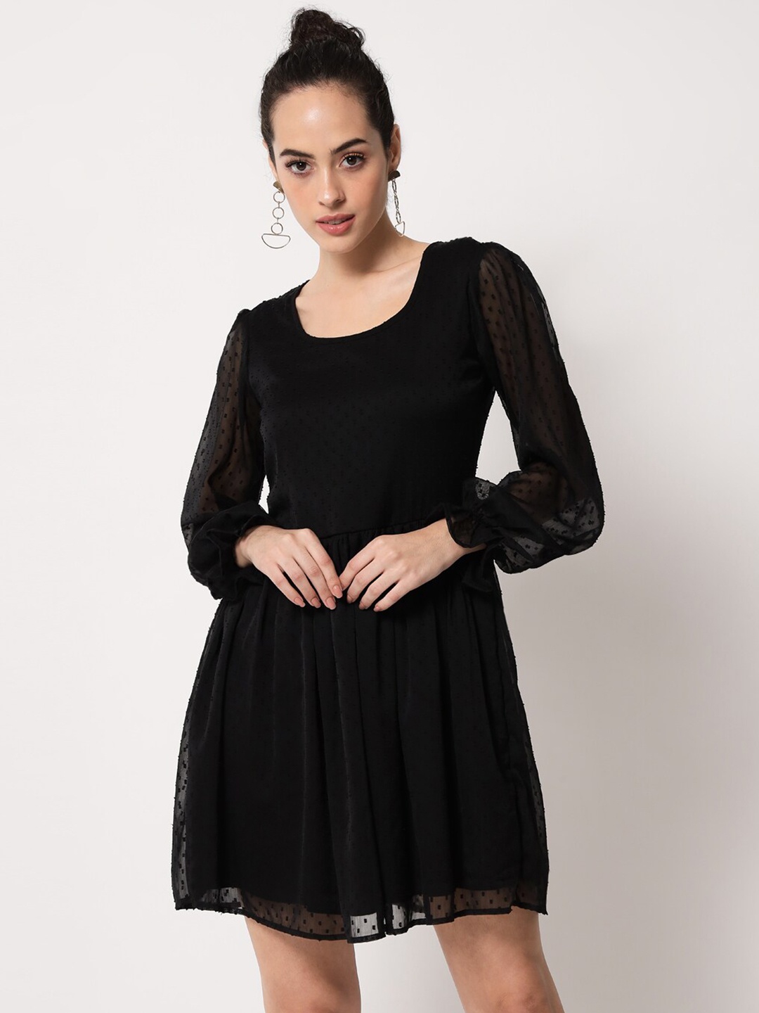 

Trend Arrest Gathered Dobby Puff Sleeves Fit And Flare Dress, Black