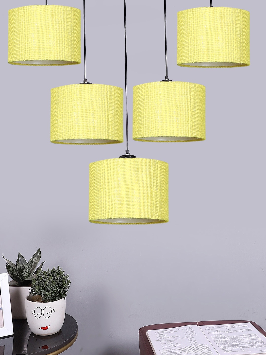 

Devansh Yellow Jute Round Drum Quintuple Hanging Pendant Lamp