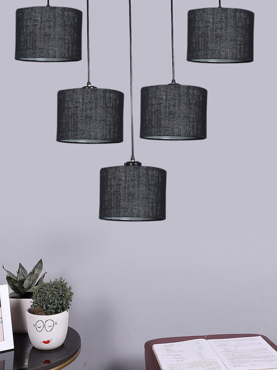 

Devansh Black Jute Round Drum Quintuple Cluster Hanging Lamp