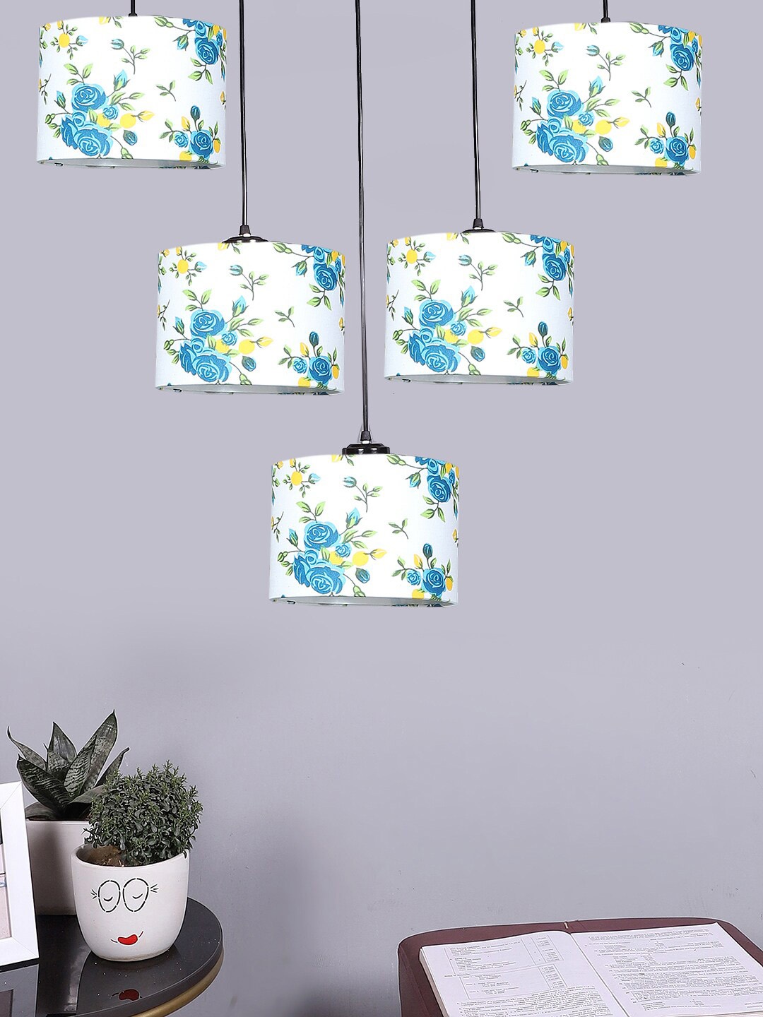 

Devansh White & Blue Cotton Round Drum Quintuple Cluster Hanging Lamp