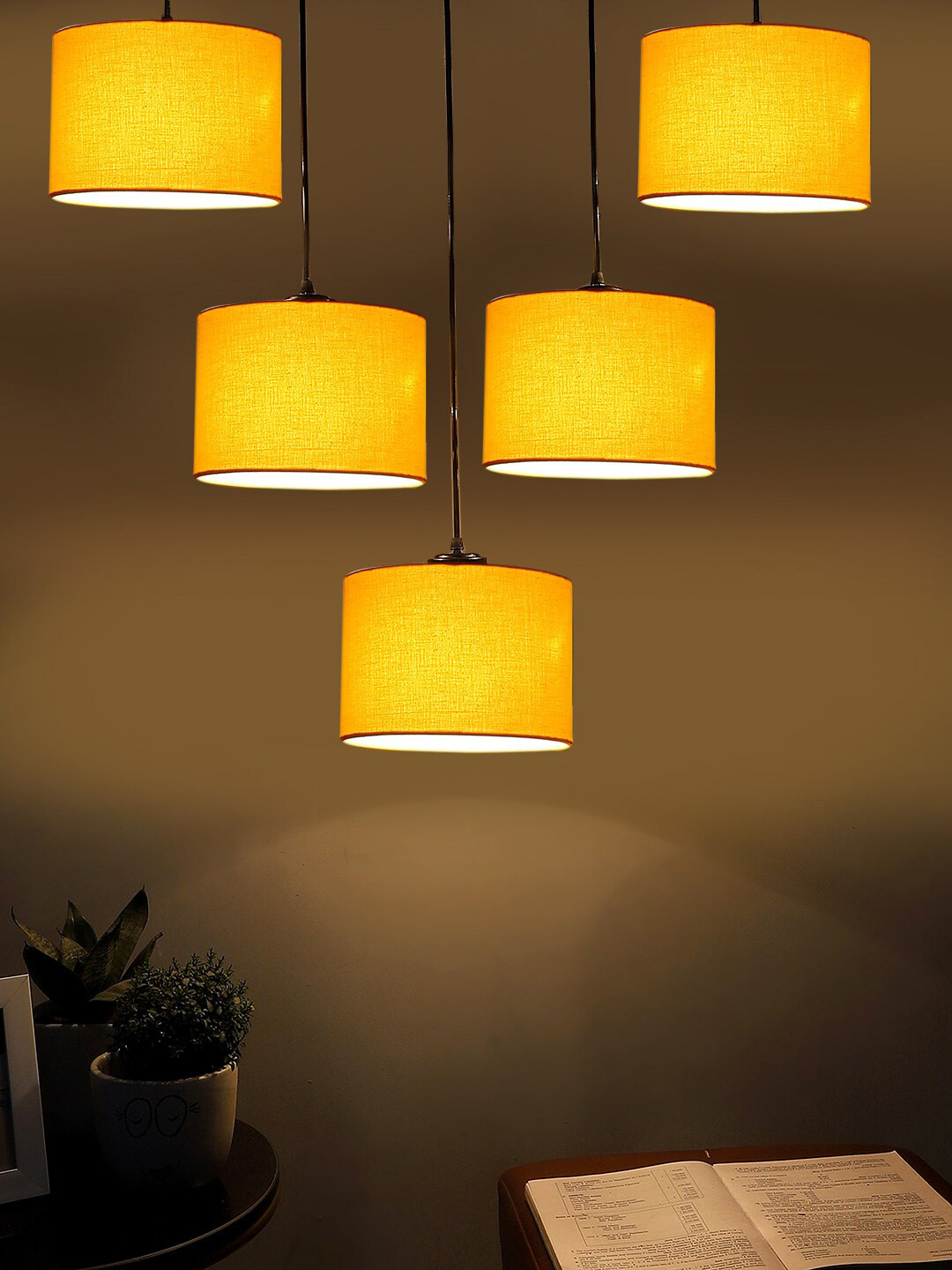 

Devansh Yellow Cotton Round Drum Quintuple Cluster Hanging Lamp