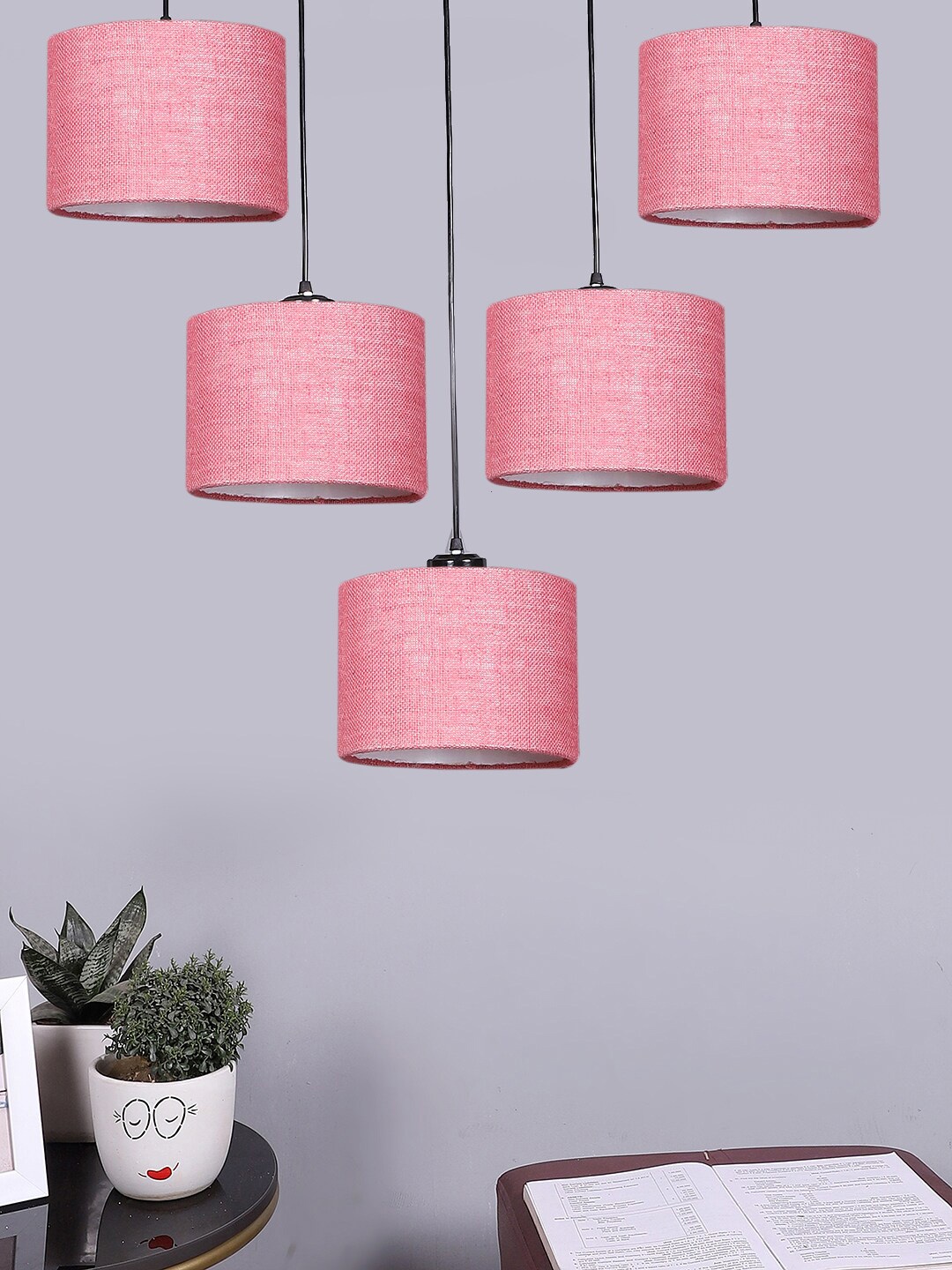 

Devansh Pink Jute Round Drum Quintuple Hanging Pendant Lamp