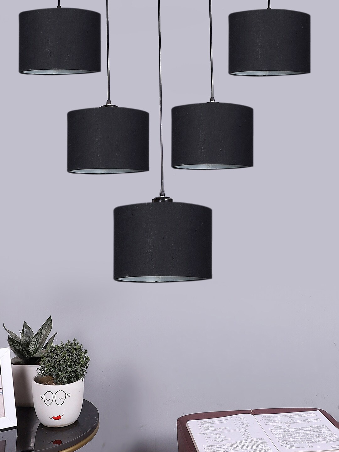 

Devansh Black Cotton Cluster Round Drum Quintuple Hanging Lamp