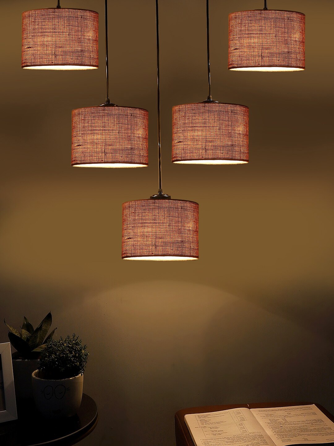 

Devansh Beige Jute Round Drum Quintuple Cluster Hanging Lamp