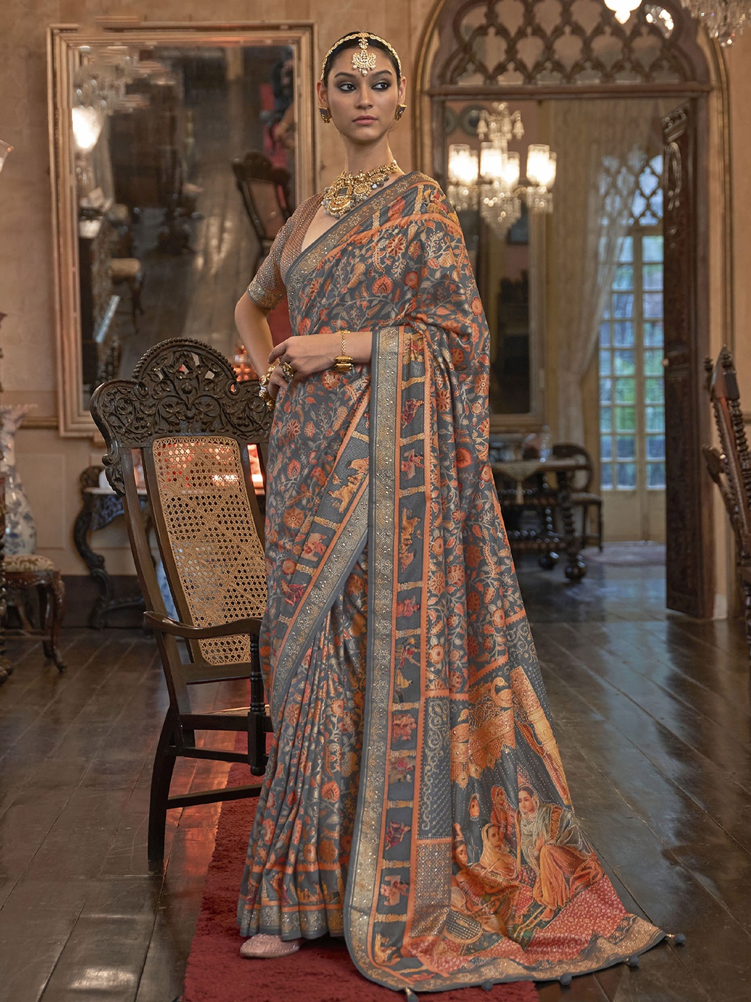 

elora Ethnic Motifs Woven Design Zari Pure Silk Banarasi Saree, Grey