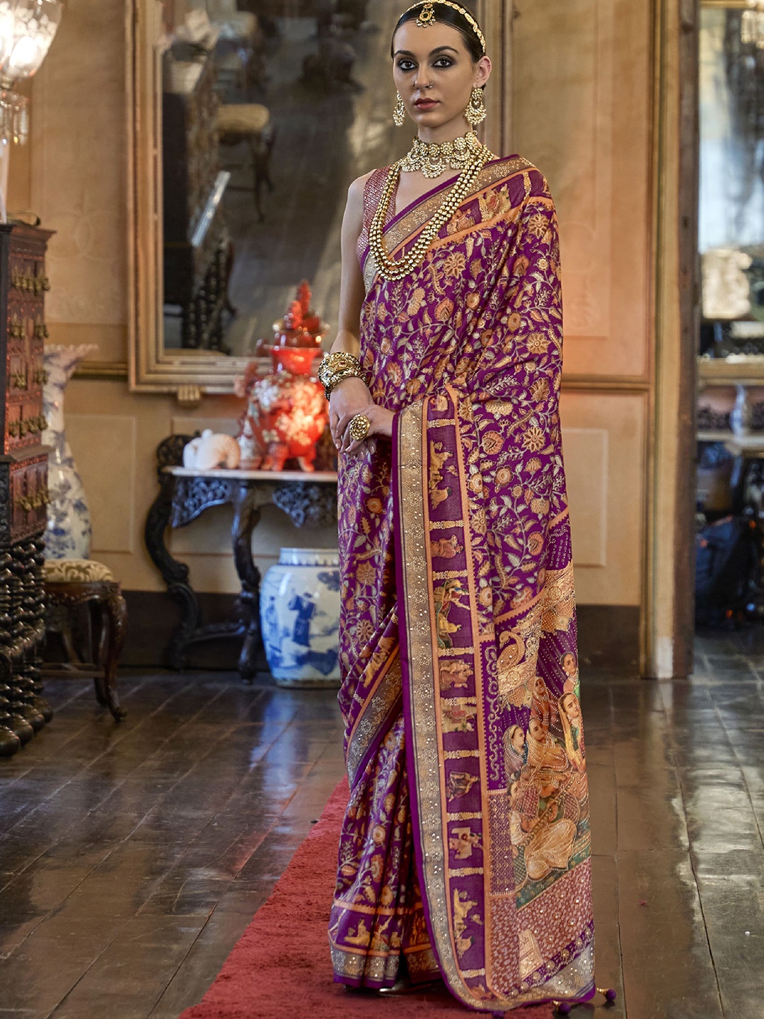 

elora Violet & Red Woven Design Zari Pure Silk Banarasi Saree