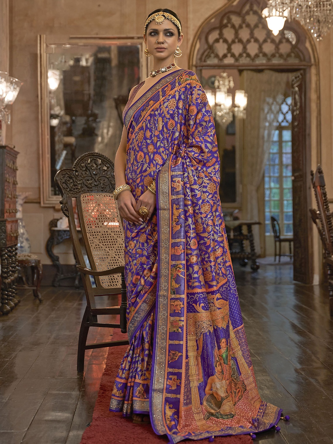 

elora Purple & Orange Woven Design Zari Pure Silk Banarasi Saree