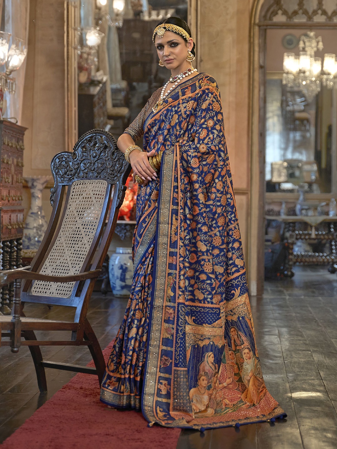 

elora Ethnic Motifs Woven Design Zari Pure Silk Banarasi Saree, Navy blue