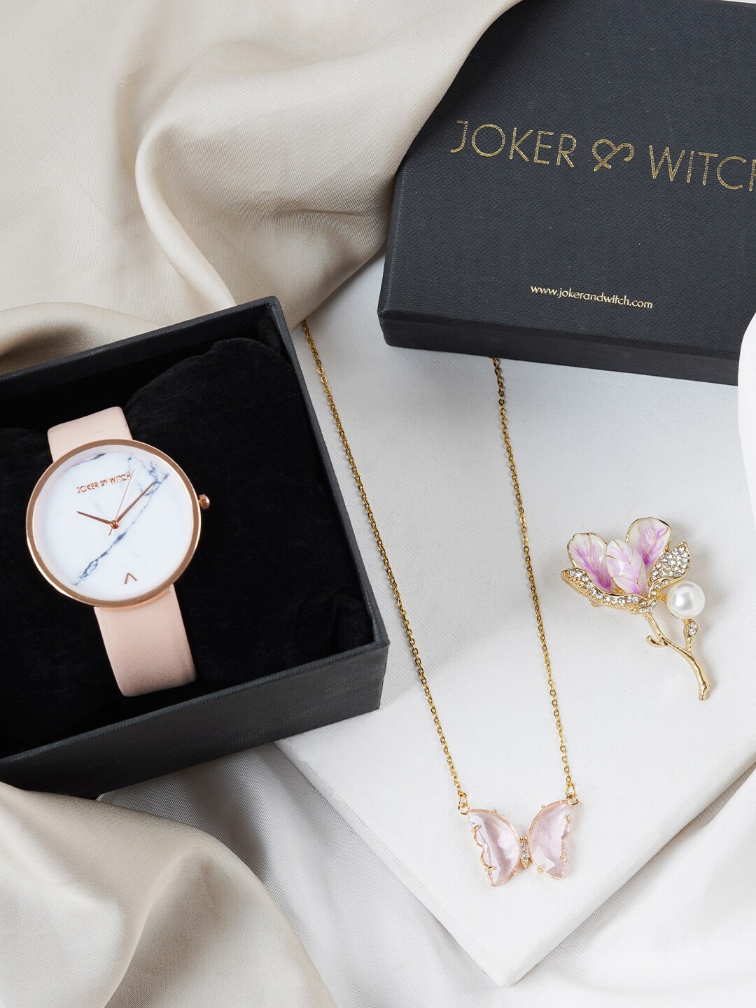 

JOKER & WITCH Stainless Steel Watch Gift Set With Necklace & Brooch, Pink