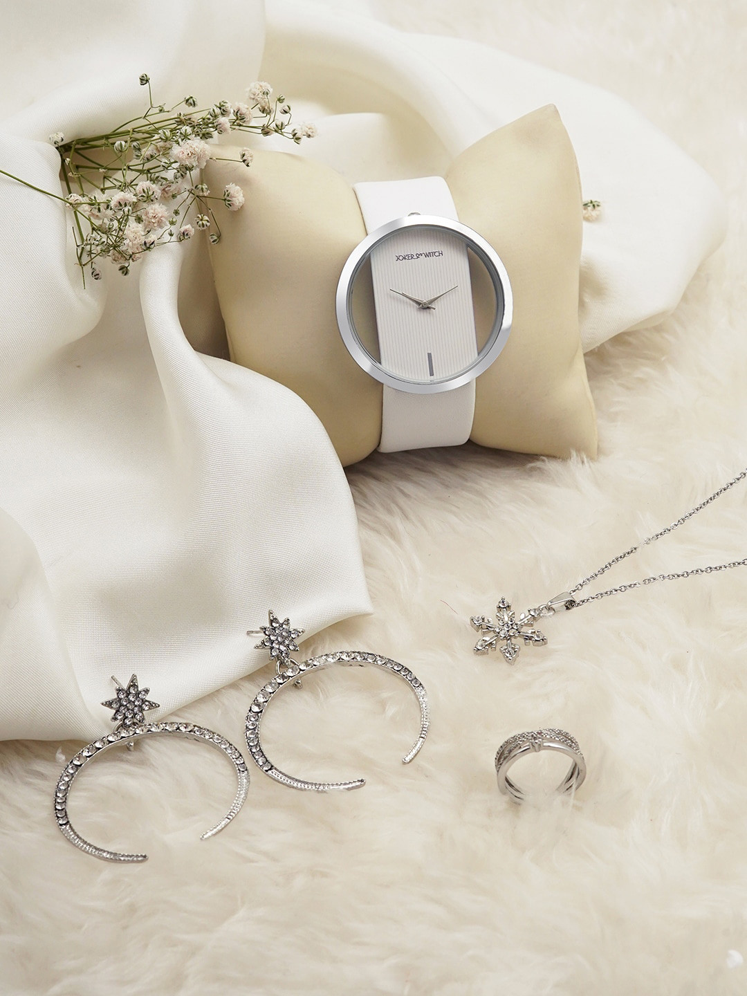 

JOKER & WITCH Women Times Love Stack Watch & Silver Plated Jewellery Gift Set JWLS265, White