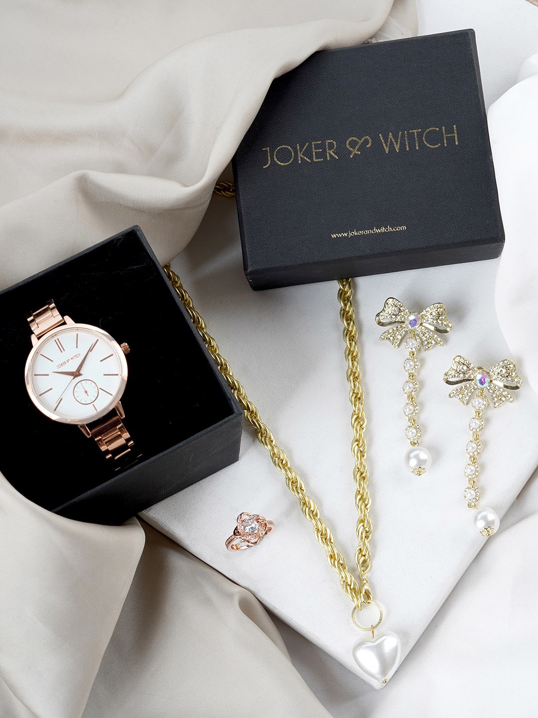 

JOKER & WITCH Women Watch Chain Finger Ring Earring Gift Set, Rose gold