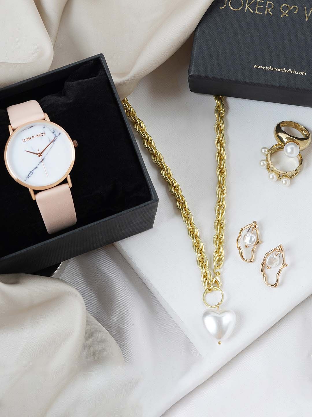 

JOKER & WITCH Women Watch Chain Finger Ring Earring Gift Set, Gold