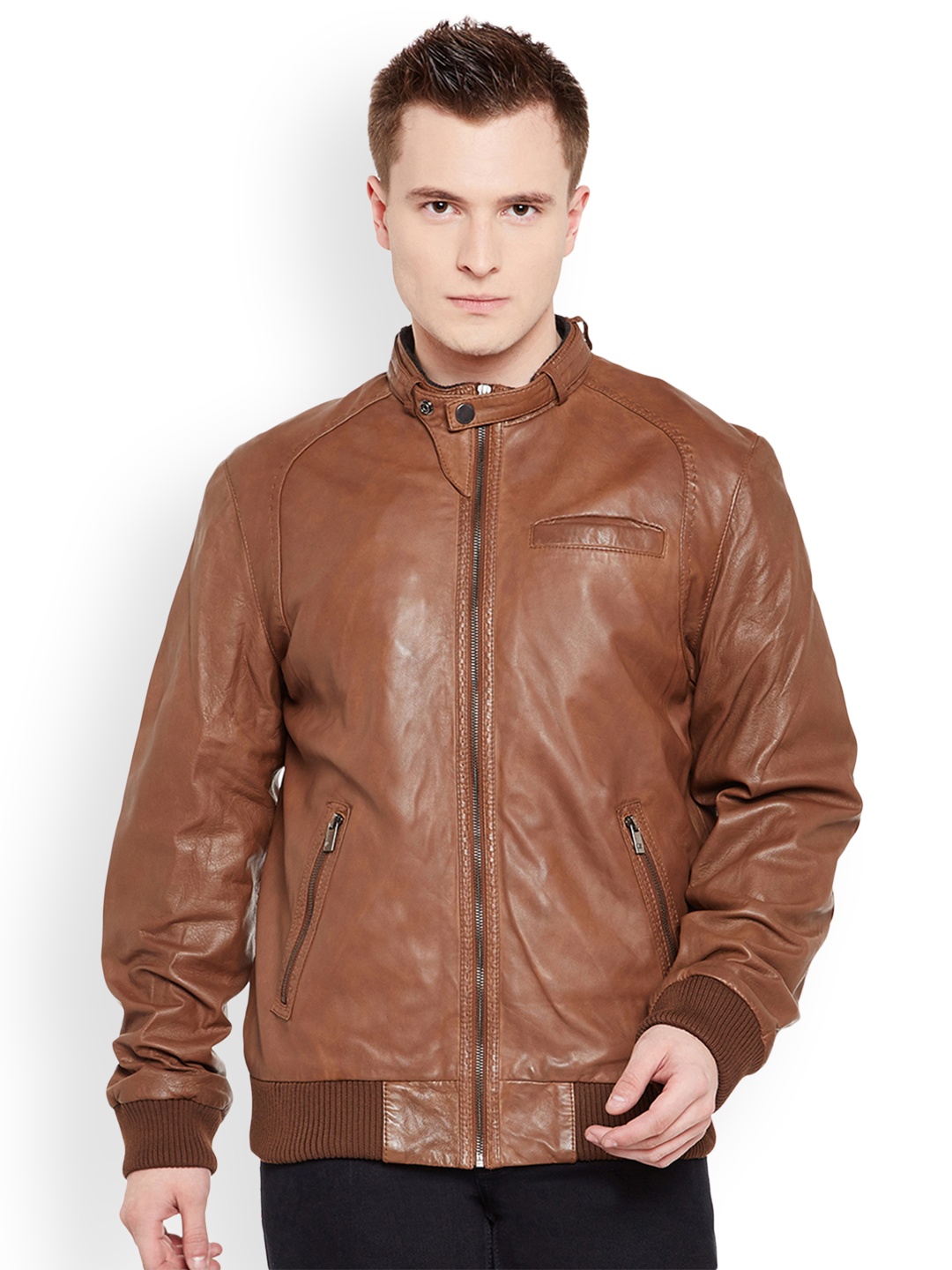 

Justanned Men Tan Solid Leather Jacket