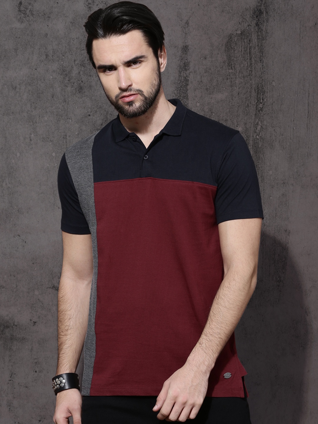 

Roadster Men Navy Blue Maroon Colourblocked Polo Collar Pure Cotton T-shirt