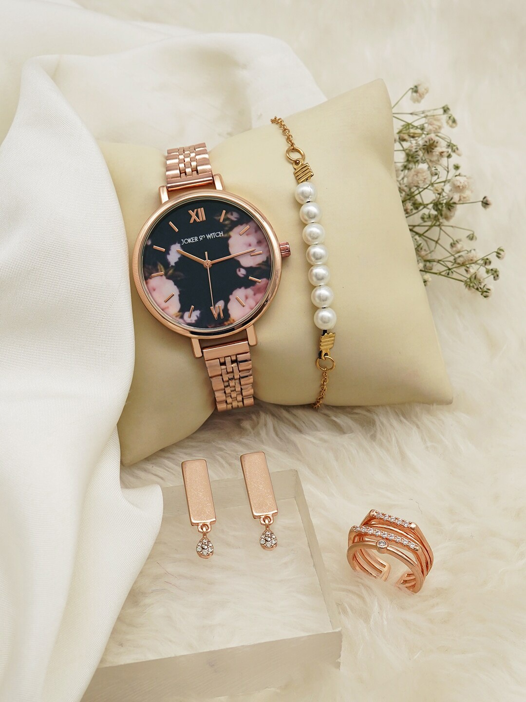 

JOKER & WITCH Women Watch Earrings Bracelet Finger Ring Gift Set, Rose gold
