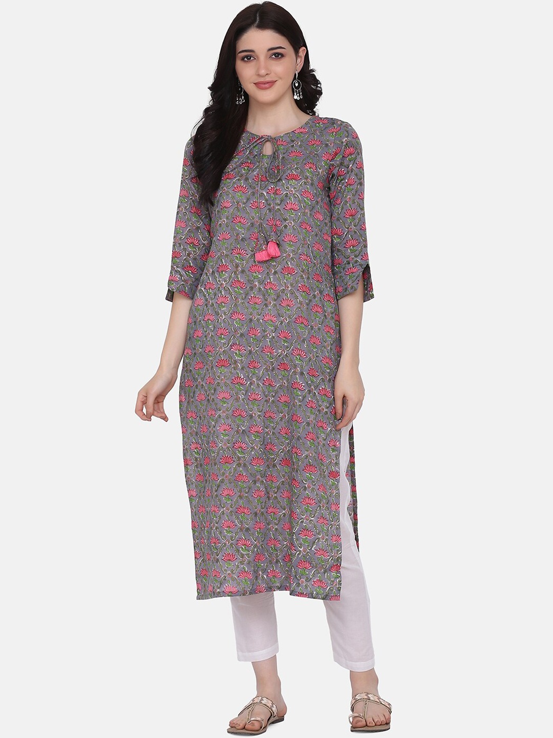 

Saanjh Floral Printed Tie-Up Neck Pure Cotton Kurta With Trousers, Grey