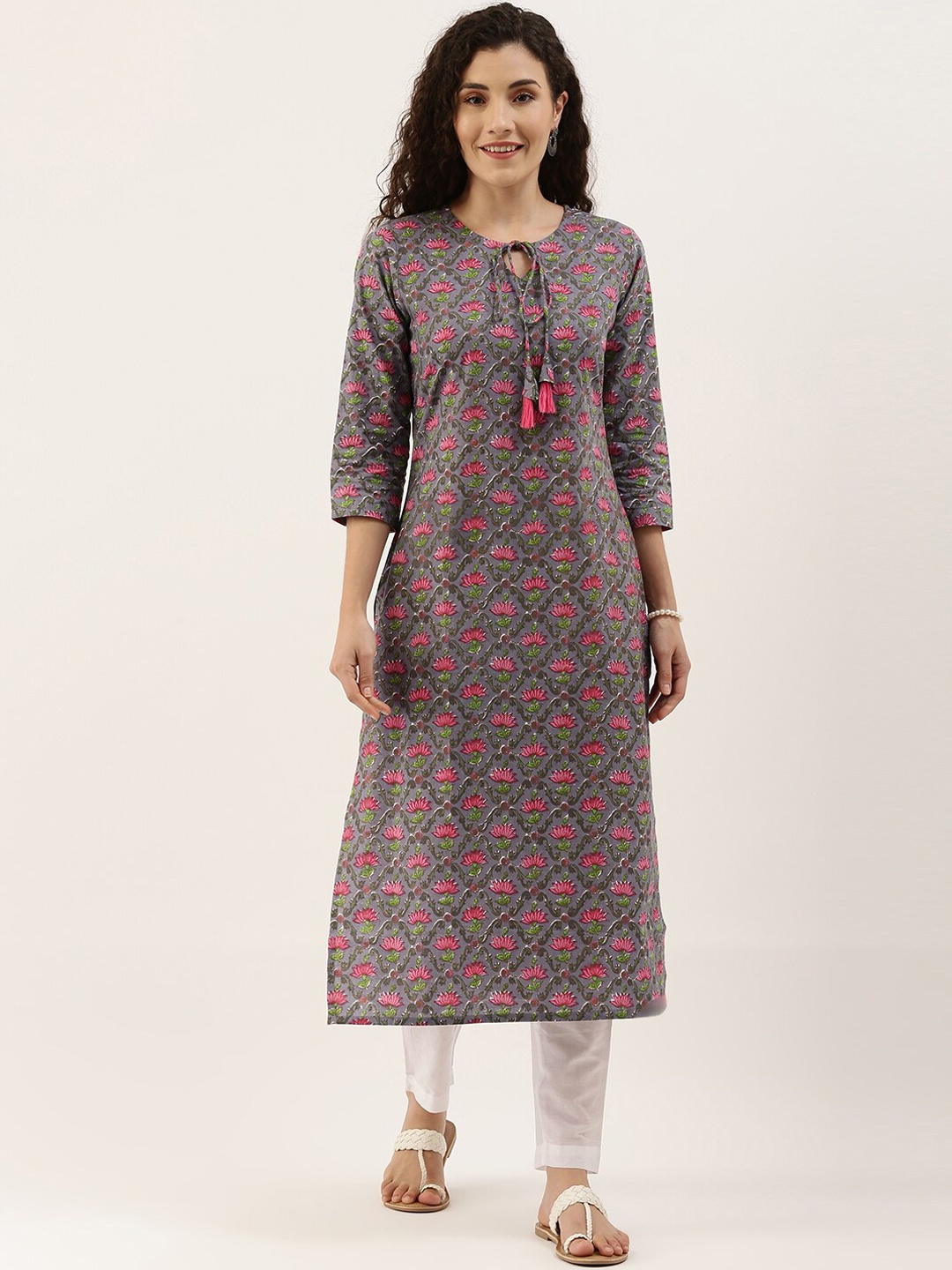 

Saanjh Grey & Pink Floral Printed Pure Cotton Kurta With Trousers