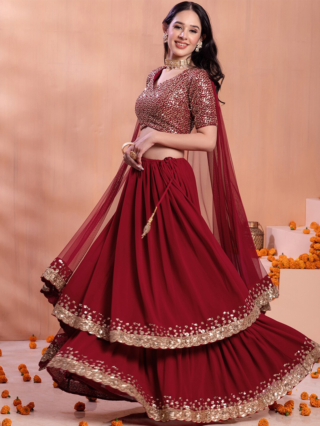 

Indya Luxe Embellished Ready to Wear Lehenga & Blouse With Dupatta, Maroon