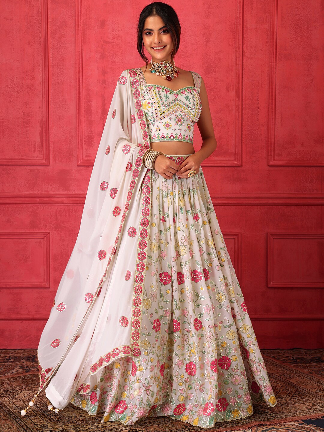 

Indya Luxe Embroidered Thread Work Ready to Wear Lehenga & Blouse With Dupatta, White