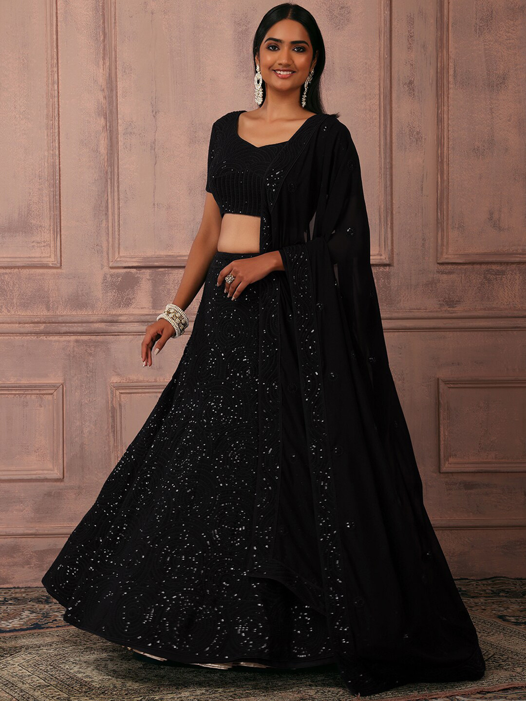 

Indya Luxe Black Embellished Sequinned Ready to Wear Lehenga & Blouse With Dupatta