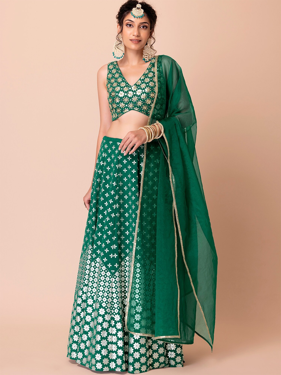 

Indya Luxe Embroidered Ready to Wear Lehenga & Blouse With Dupatta, Green