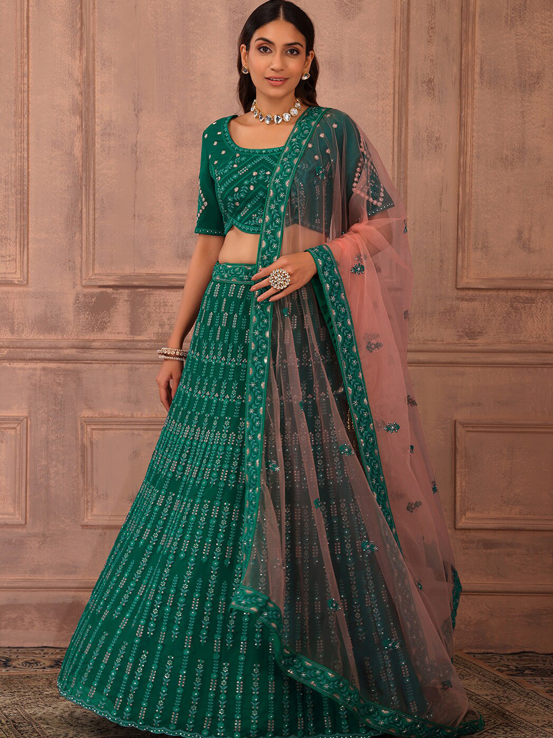 

Indya Luxe Embroidered Thread Work Ready to Wear Lehenga & Blouse With Dupatta, Green