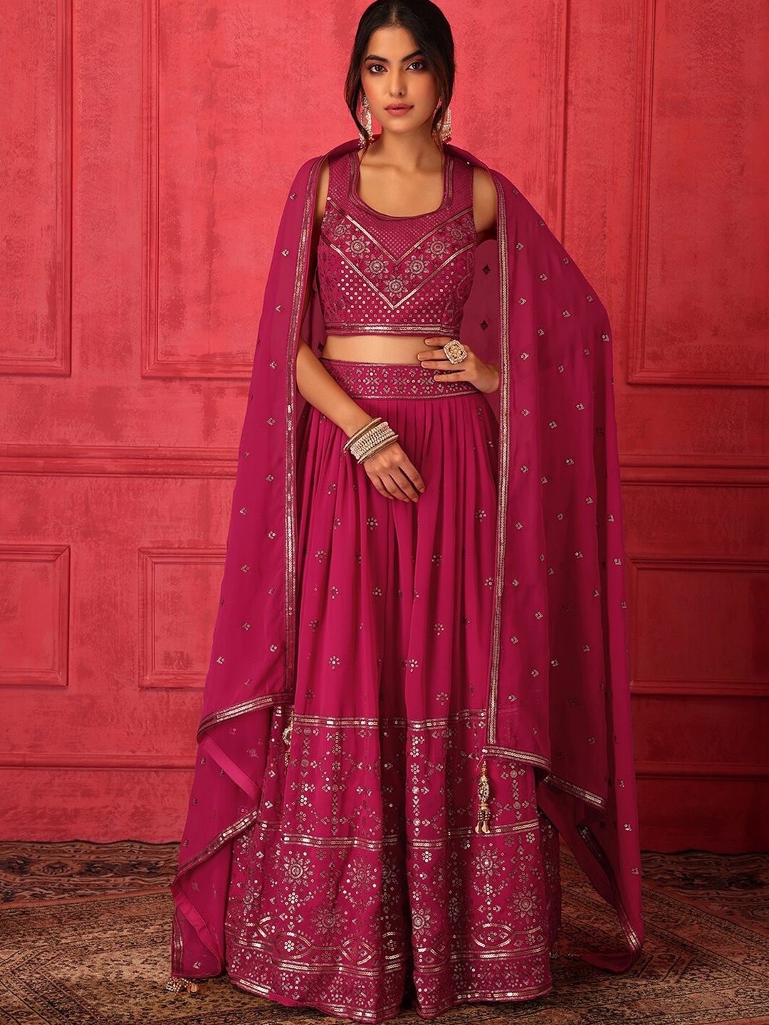 

Indya Luxe Embellished Sequinned Ready to Wear Lehenga & Blouse With Dupatta, Pink
