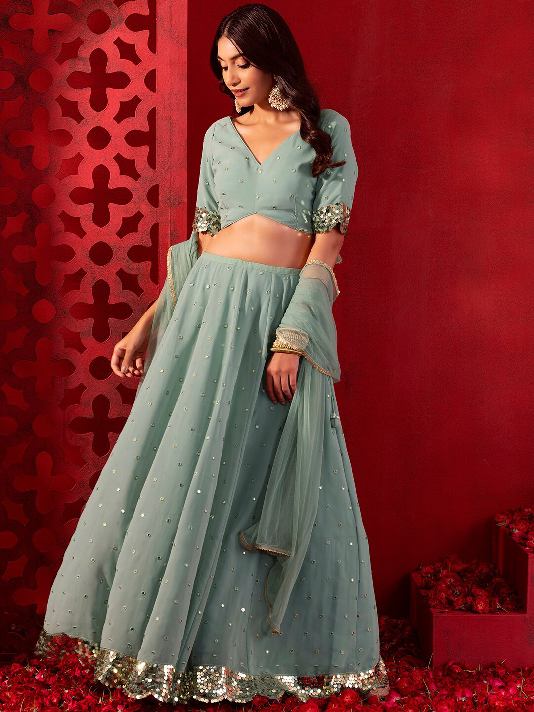 

Indya Luxe Embellished Ready to Wear Lehenga & Blouse With Dupatta, Green