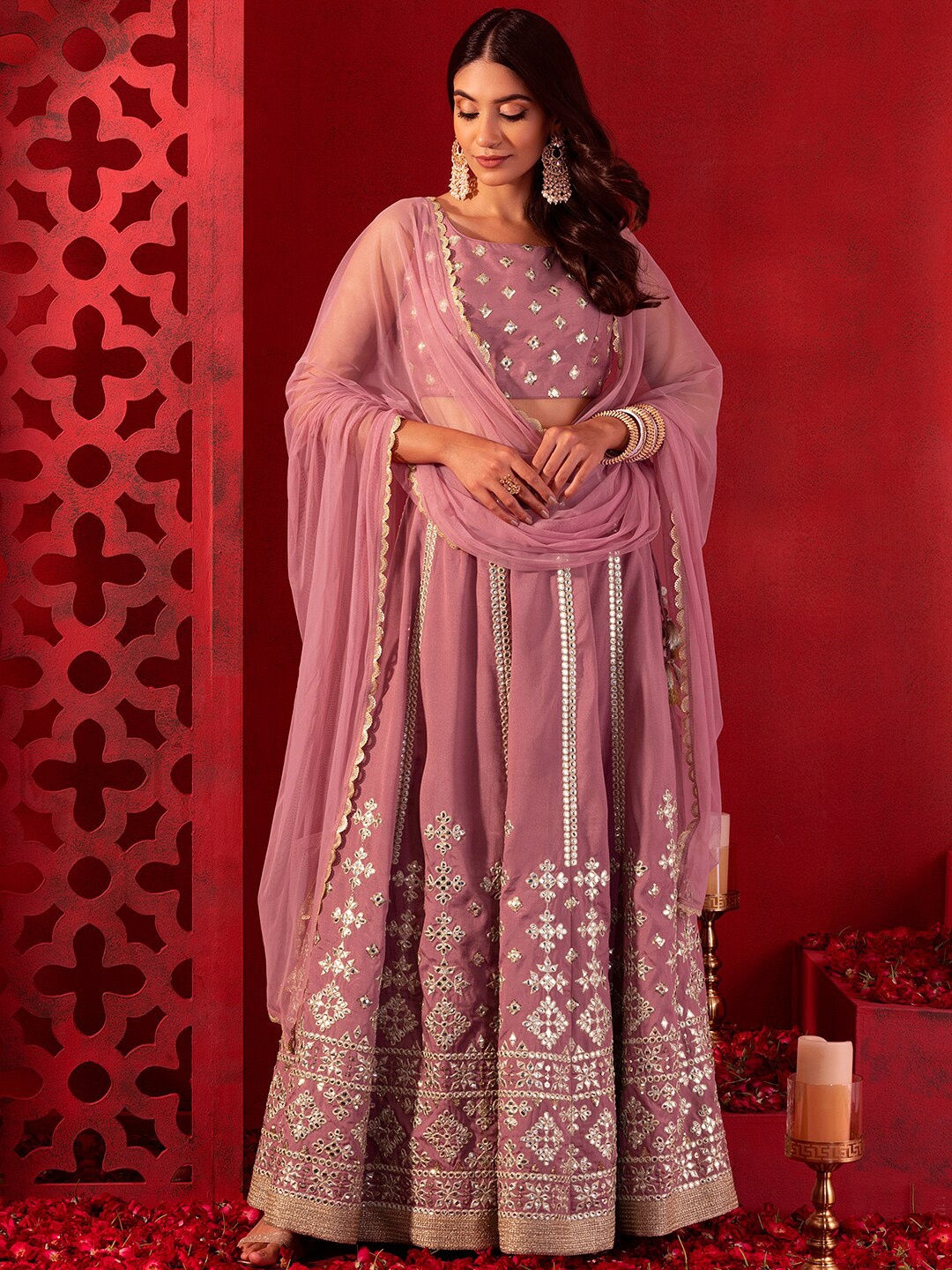 

Indya Luxe Embellished Sequinned Ready to Wear Lehenga & Blouse With Dupatta, Pink