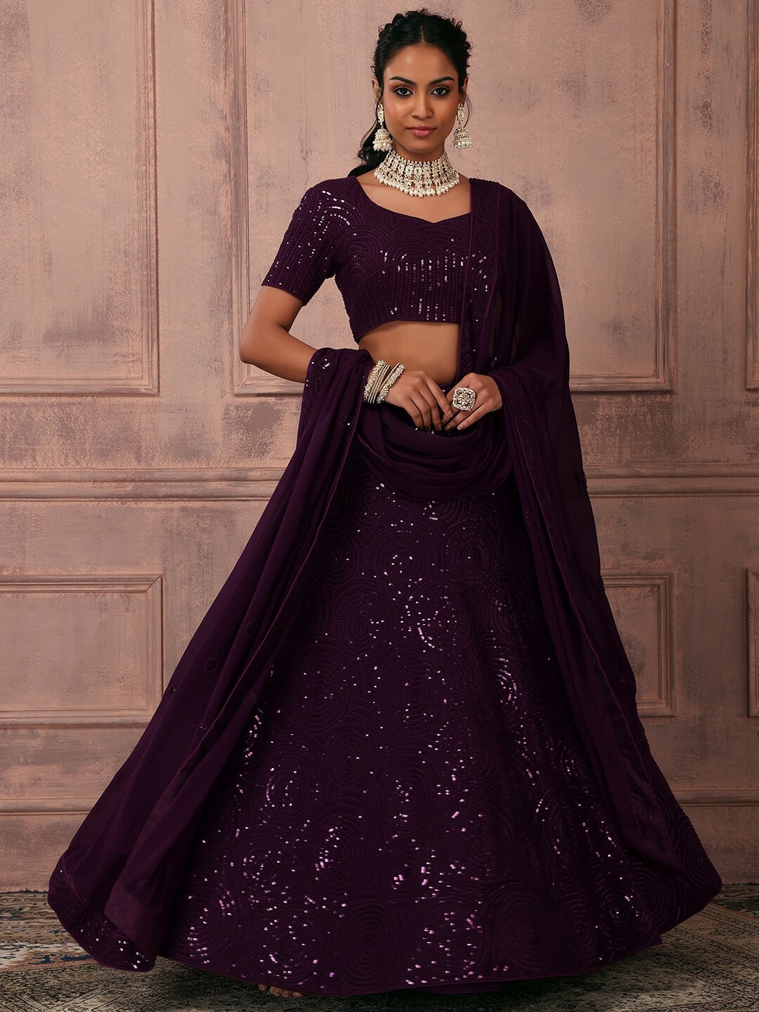 

Indya Luxe Purple Embellished Sequinned Ready to Wear Lehenga & Blouse With Dupatta