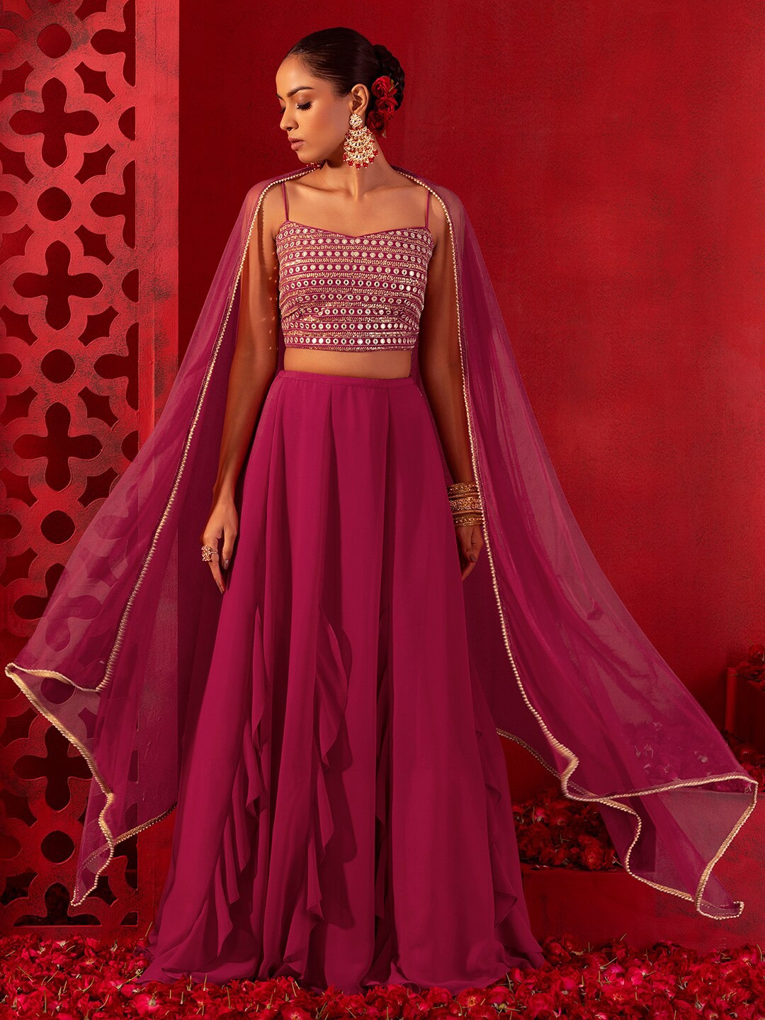 

Indya Luxe Embroidered Ready to Wear Lehenga & Blouse With Dupatta, Pink
