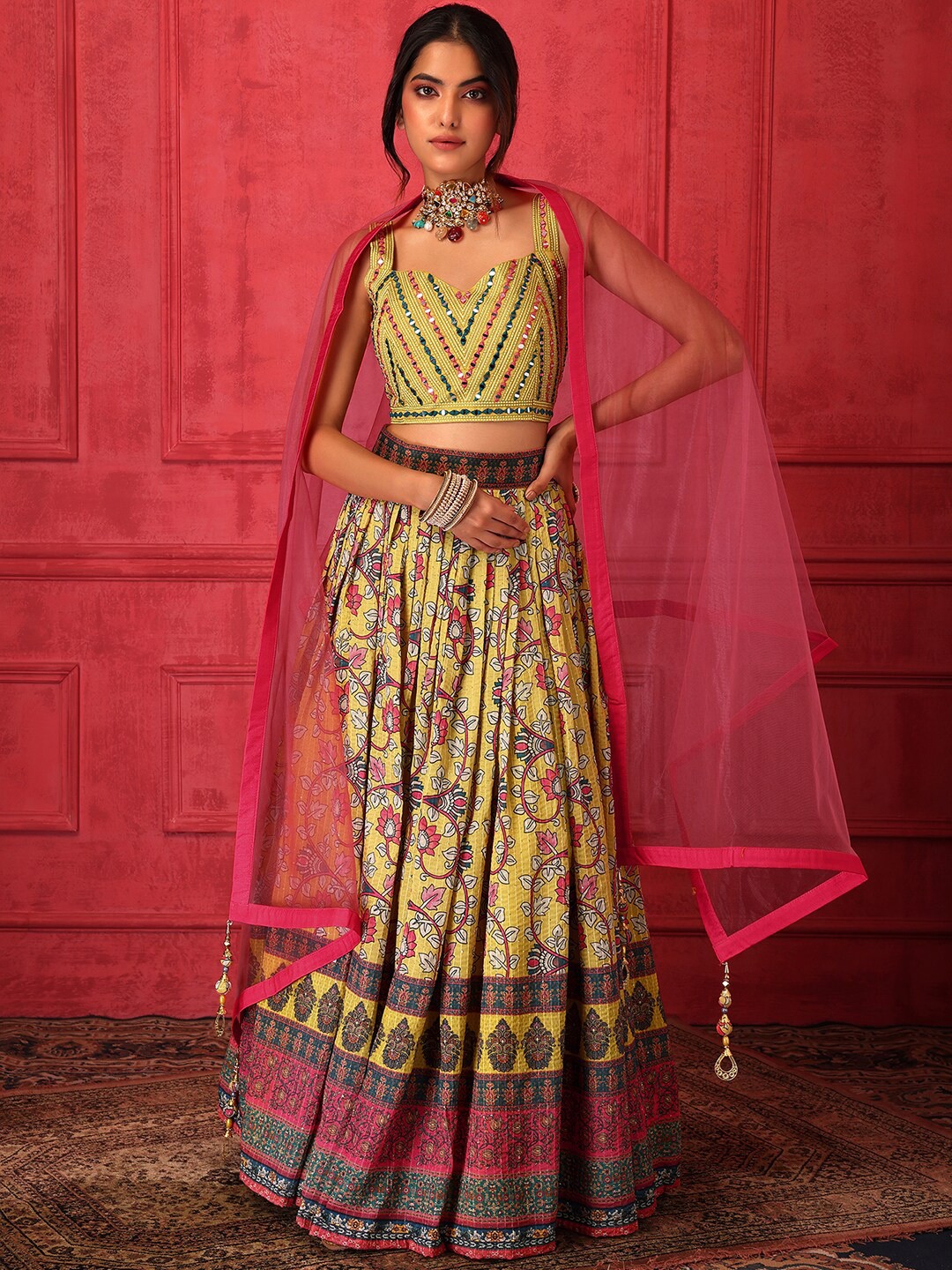 

Indya Luxe Yellow & Green Embroidered Thread Work Ready to Wear Lehenga & Blouse With Dupatta