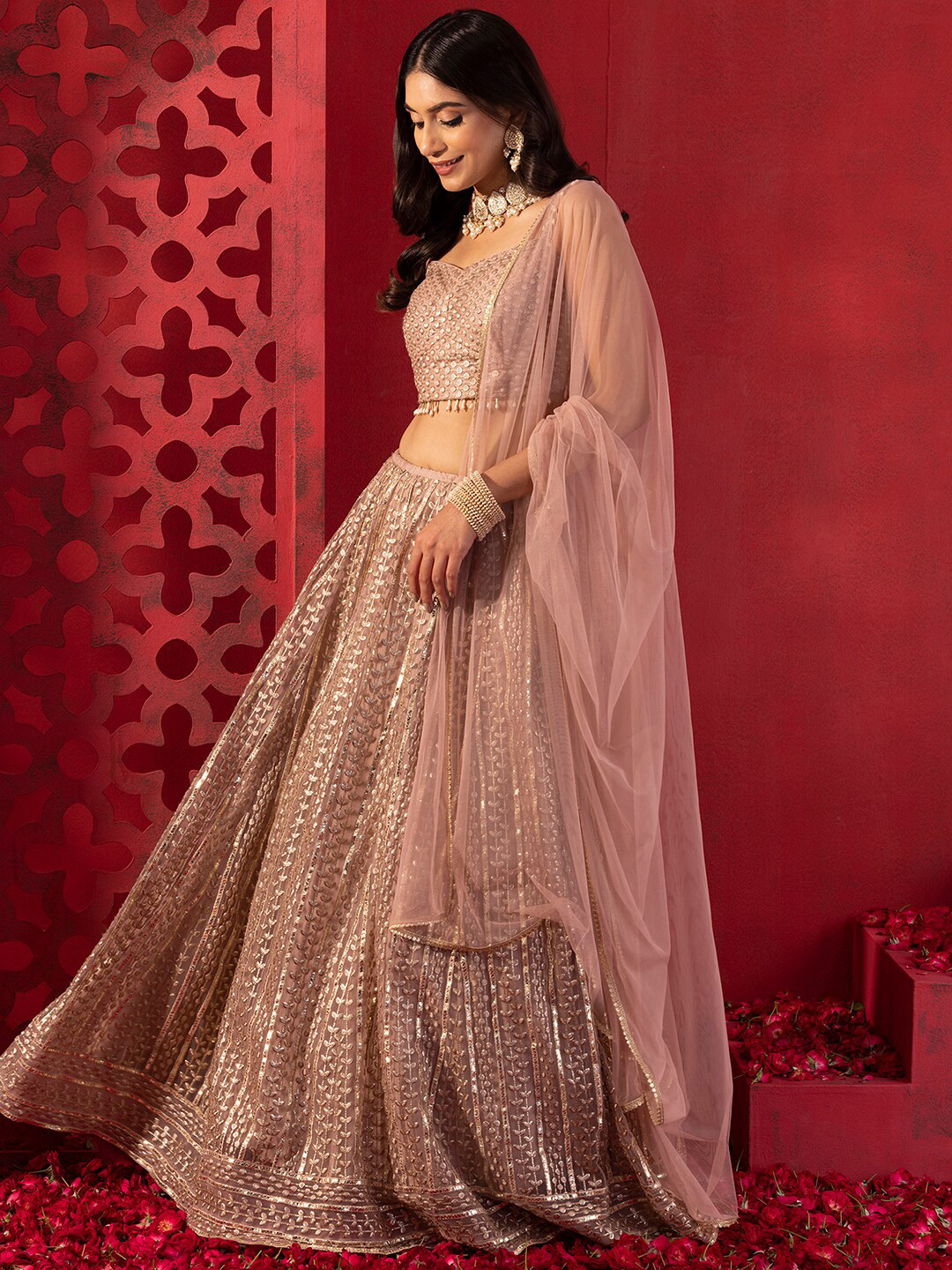 

Indya Luxe Embroidered Thread Work Ready to Wear Lehenga & Blouse With Dupatta, Pink