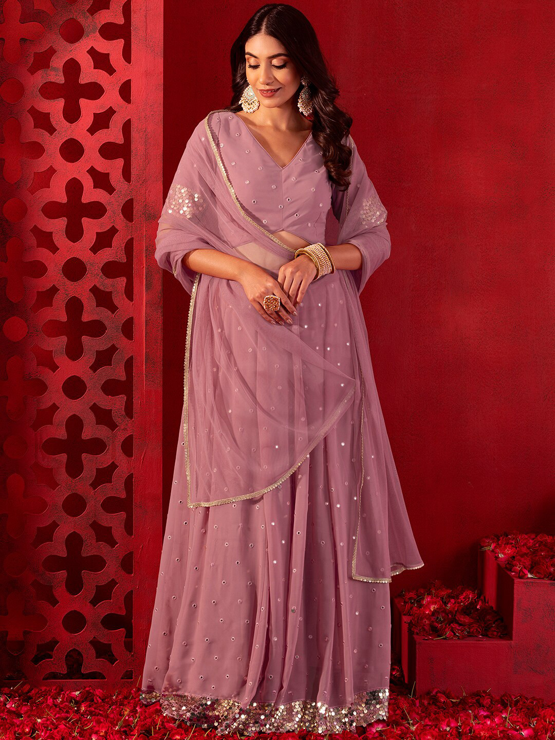 

Indya Luxe Embellished Ready to Wear Lehenga & Blouse With Dupatta, Pink
