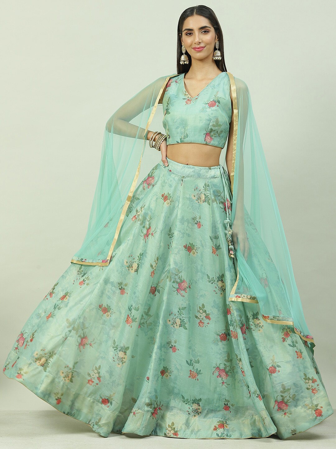 

Biba Floral Printed Ready to Wear Lehenga & Blouse With Dupatta, Sea green