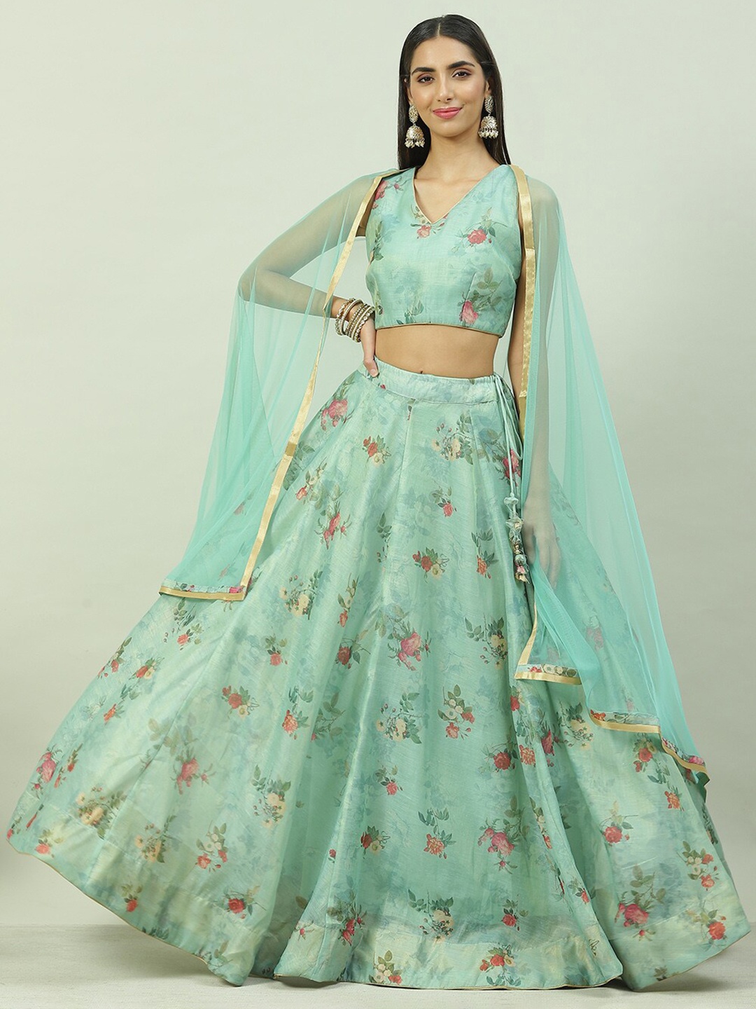 

Biba Floral Printed Ready to Wear Lehenga & Blouse With Dupatta, Sea green