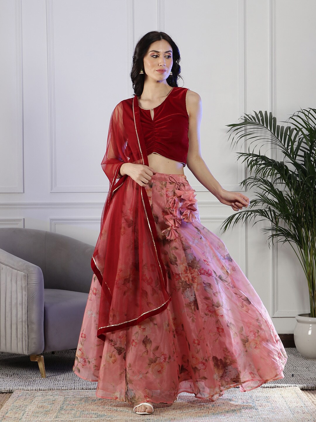 

NEUDIS Printed Ready to Wear Lehenga & Blouse With Dupatta, Maroon