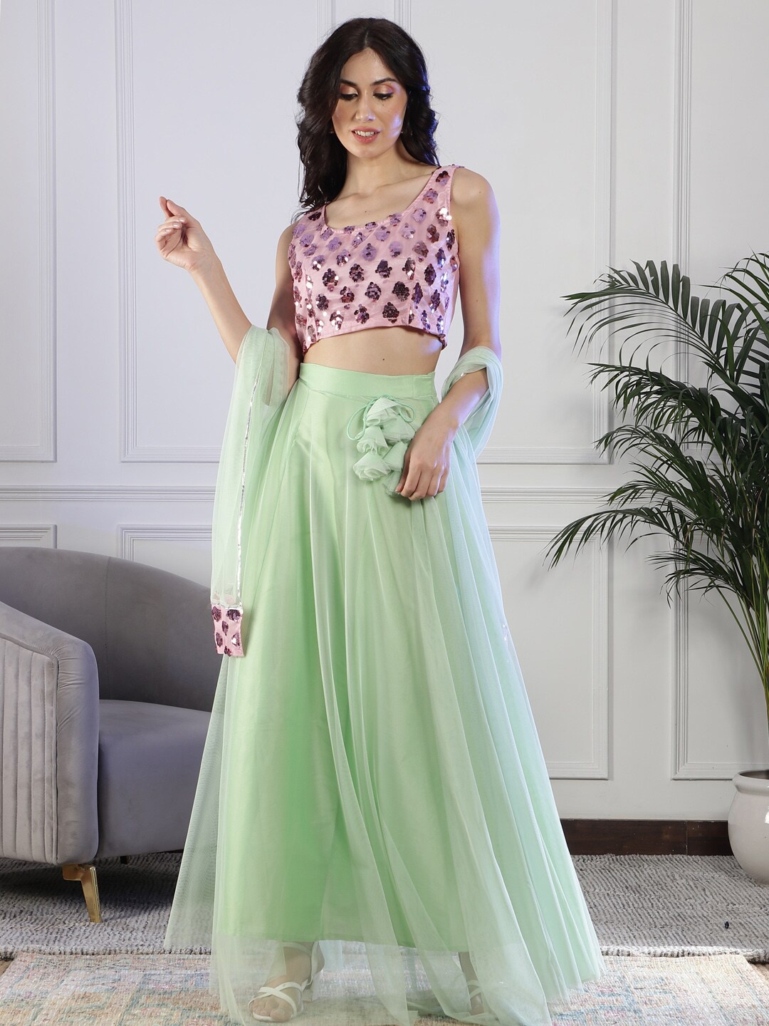 

NEUDIS Embellished Ready to Wear Lehenga & Blouse With Dupatta, Sea green