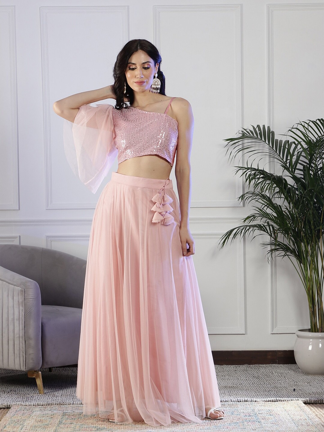 

NEUDIS Embellished Sequinned Ready to Wear Lehenga Choli, Pink