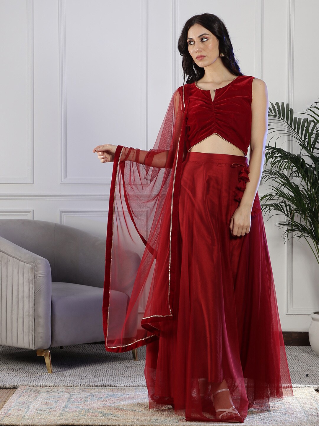

NEUDIS Velvet Ready to Wear Lehenga & Blouse With Dupatta, Maroon