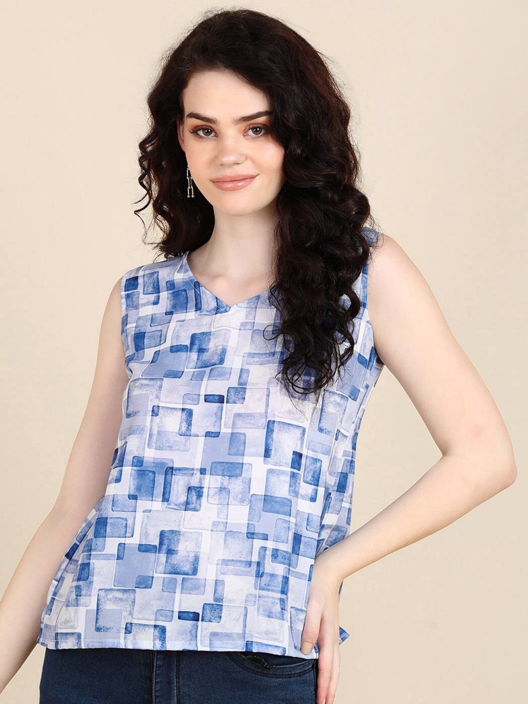 

all about you Sleeveless Geometric Print Crepe Top, Blue