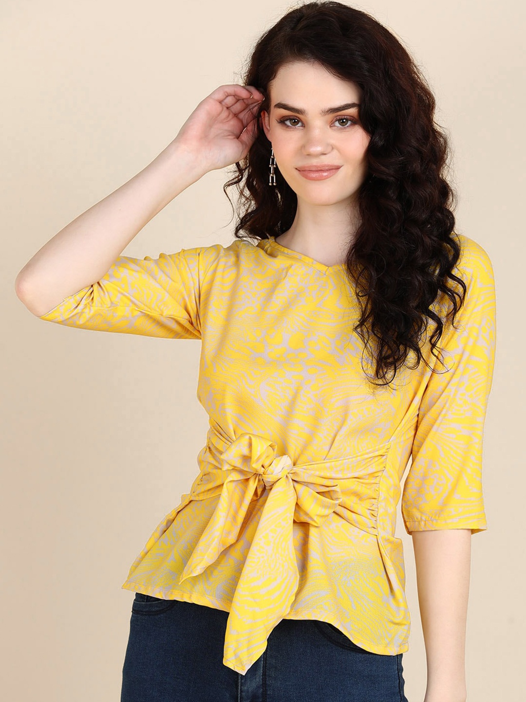 

all about you Abstract Printed V-Neck Crepe Cinched Waist Top, Yellow