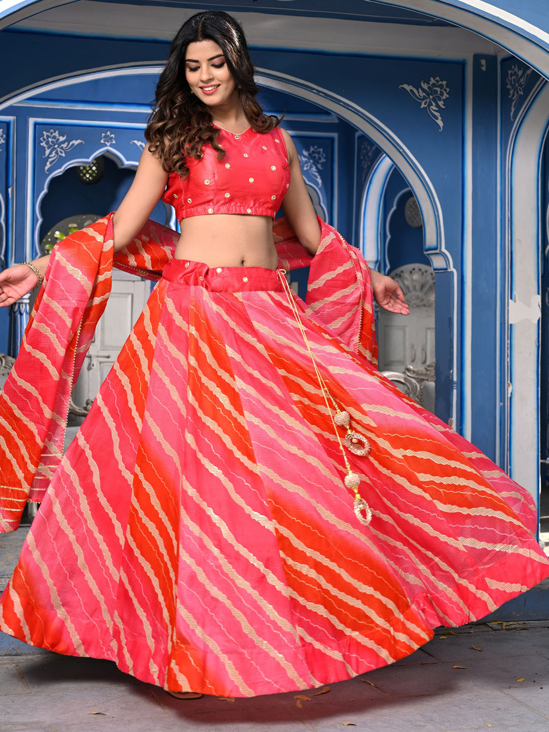 

Indi INSIDE Embroidered Semi-Stitched Lehenga & Unstitched Blouse With Dupatta, Peach